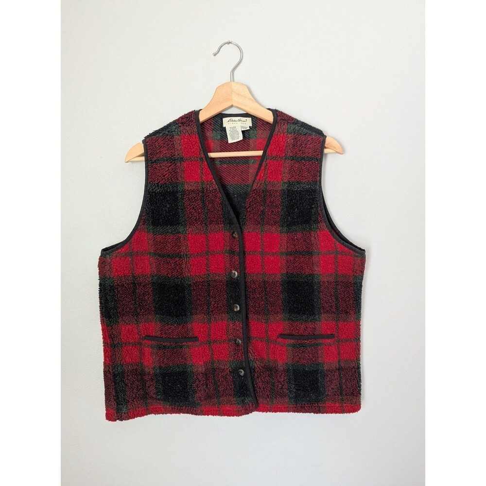 Vintage Eddie Bauer Sherpa Fleece Vest Womens L Red Green Tartan Cabin 90s USA
